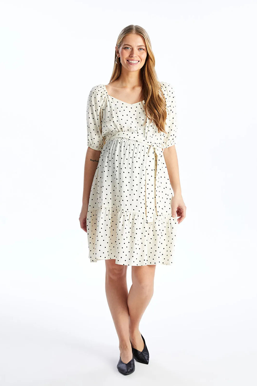 Polka Dot V-Neck Midi Maternity Dress Black - 8149