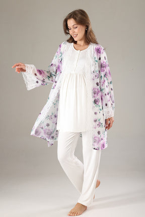 Lacy 3-Piece Maternity-Nursing Pajama & Lacy Chiffon Robe Set Lilac - 815