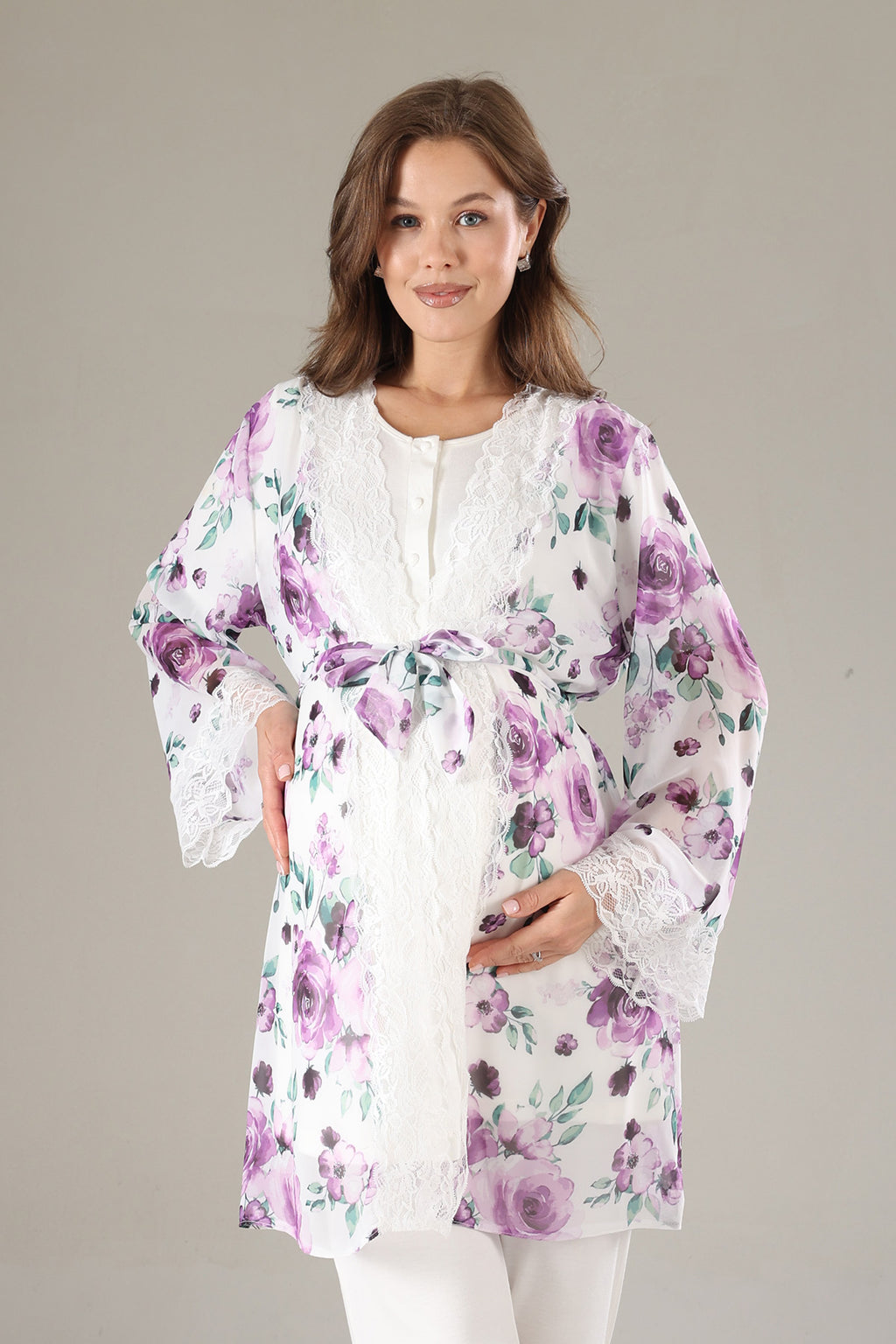 Lacy 3-Piece Maternity-Nursing Pajama & Lacy Chiffon Robe Set Lilac - 815