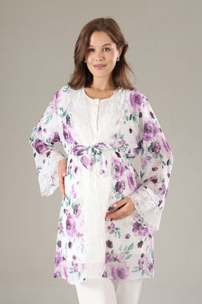 Lacy 3-Piece Maternity-Nursing Pajama & Lacy Chiffon Robe Set Lilac - 815