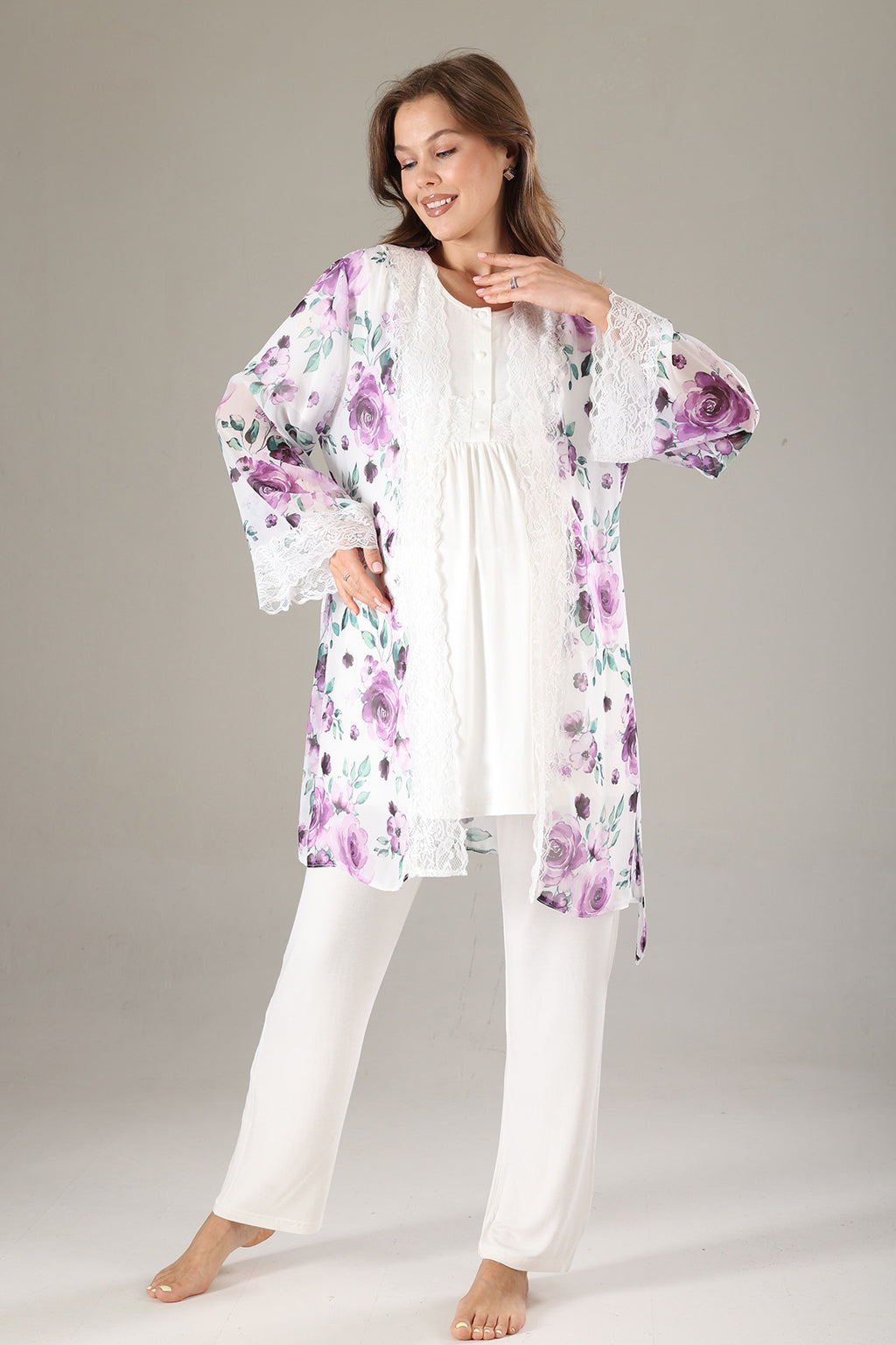 Lacy 3-Piece Maternity-Nursing Pajama & Lacy Chiffon Robe Set Lilac - 815