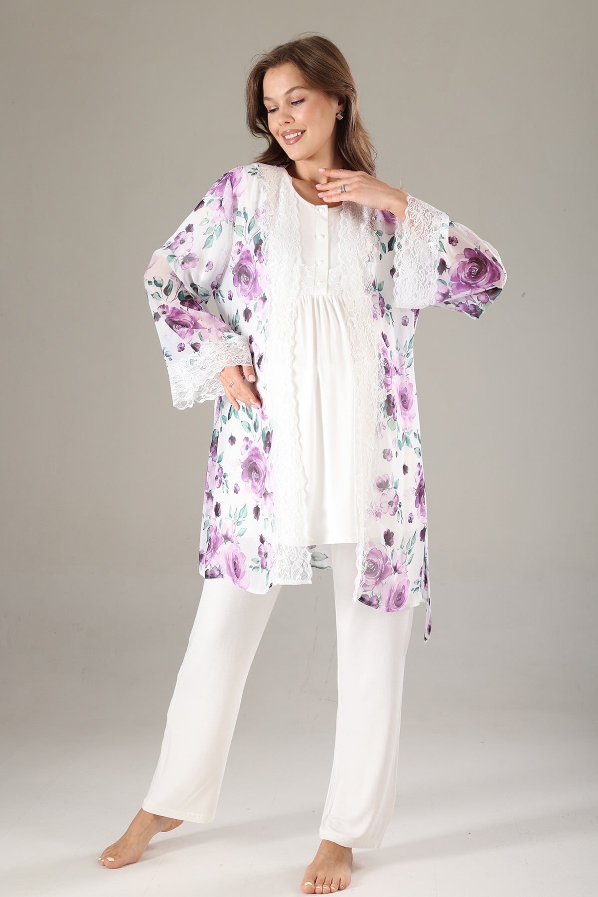 Lacy 3-Piece Maternity-Nursing Pajama & Lacy Chiffon Robe Set Lilac - 815