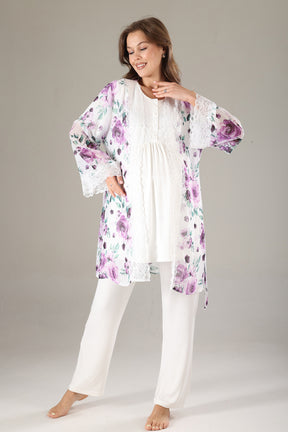 Lacy 3-Piece Maternity-Nursing Pajama & Lacy Chiffon Robe Set Lilac - 815