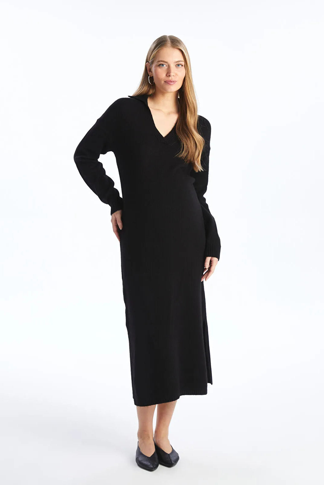 Soft Knit Polo Neck Maternity Dress Black - 81514