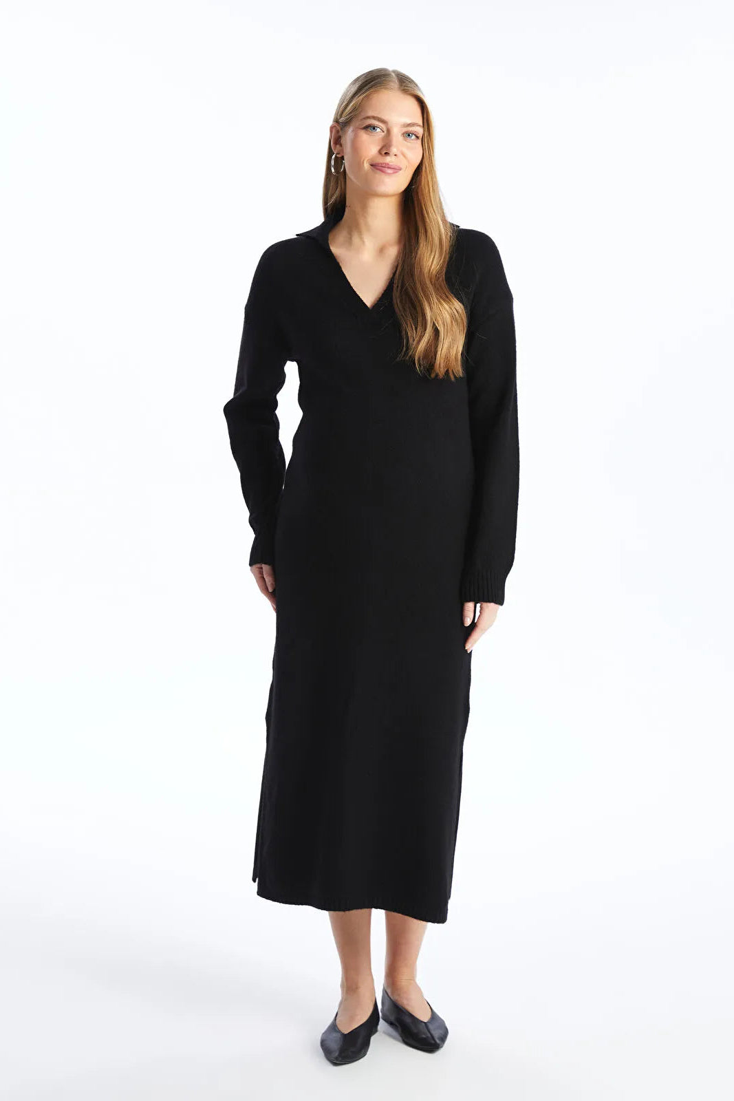 Soft Knit Polo Neck Maternity Dress Black - 81514