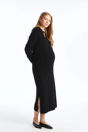 Soft Knit Polo Neck Maternity Dress Black - 81514