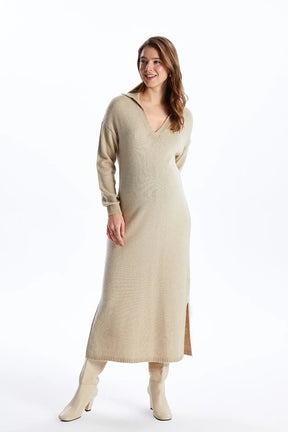 Soft Knit Polo Neck Maternity Dress Ecru - 81514
