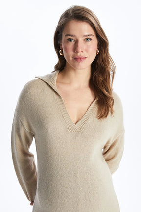 Soft Knit Polo Neck Maternity Dress Ecru - 81514