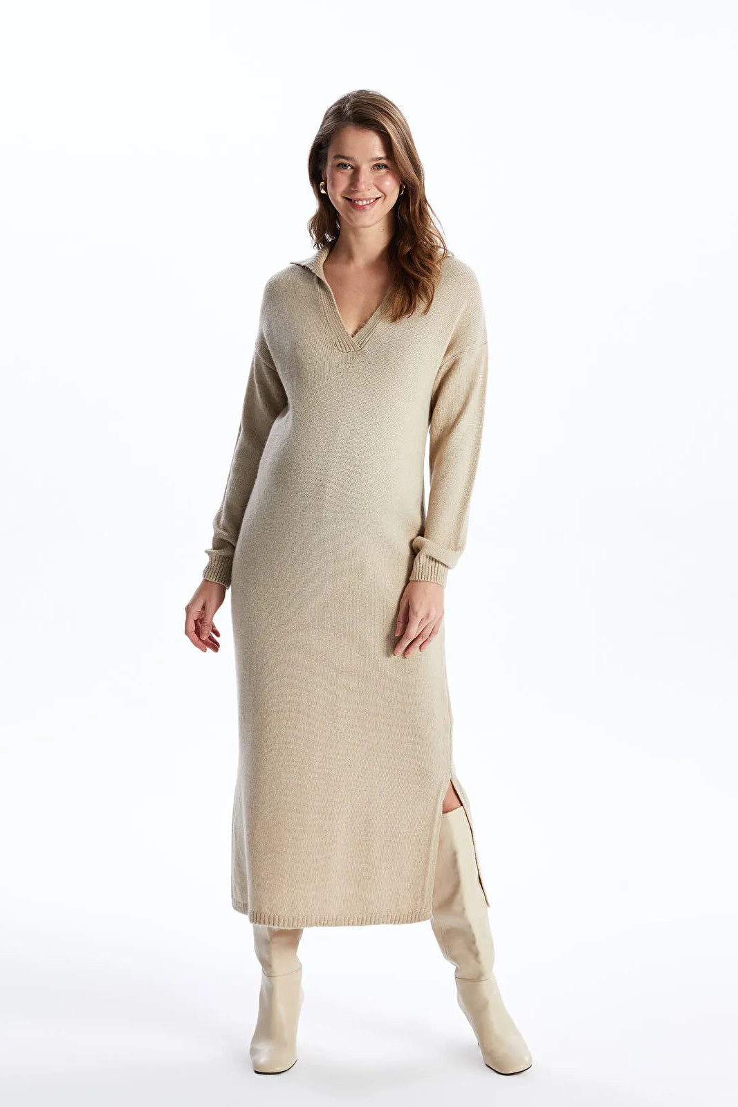 Soft Knit Polo Neck Maternity Dress Ecru - 81514