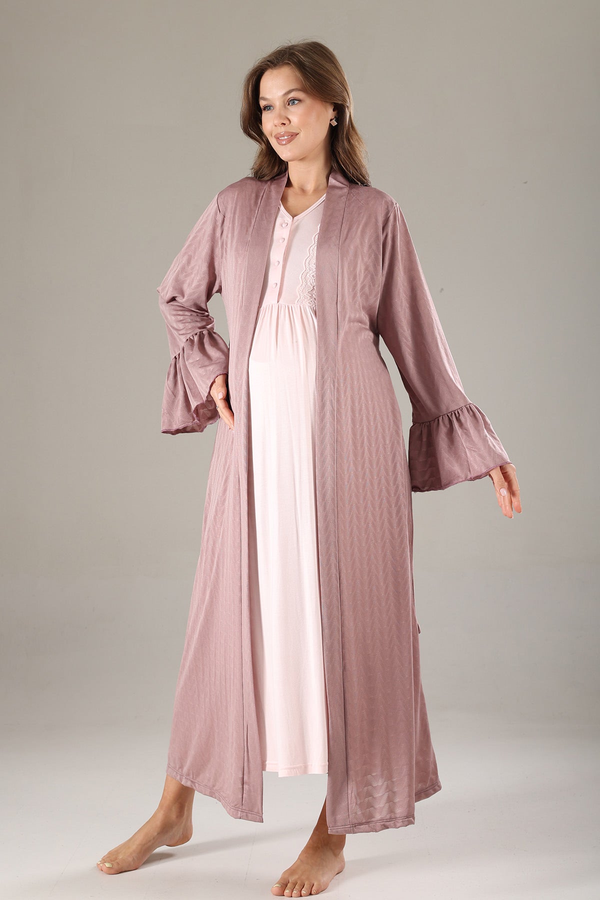 Lace Sleeve and Collar Maternity-Nursing Nightgown & Jacquard Robe Set Dried Rose - 816