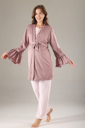 Lace Collar 3-Piece Maternity-Nursing Pajama & Jacquard Robe Set Dried Rose - 817