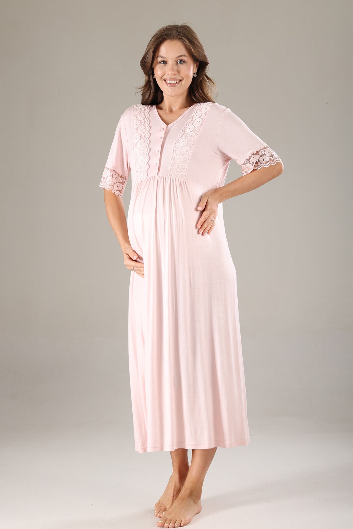 Lace Sleeve and Collar Maternity-Nursing Nightgown & Jacquard Robe Set Dried Rose - 816
