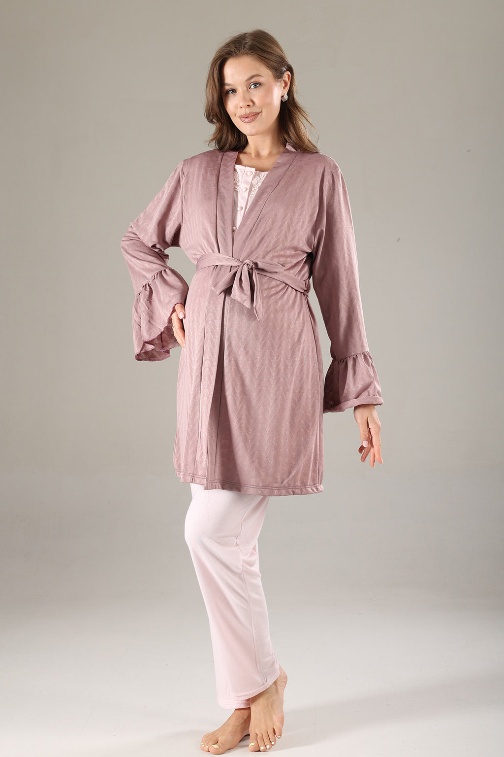 Lace Collar 3-Piece Maternity-Nursing Pajama & Jacquard Robe Set Dried Rose - 817
