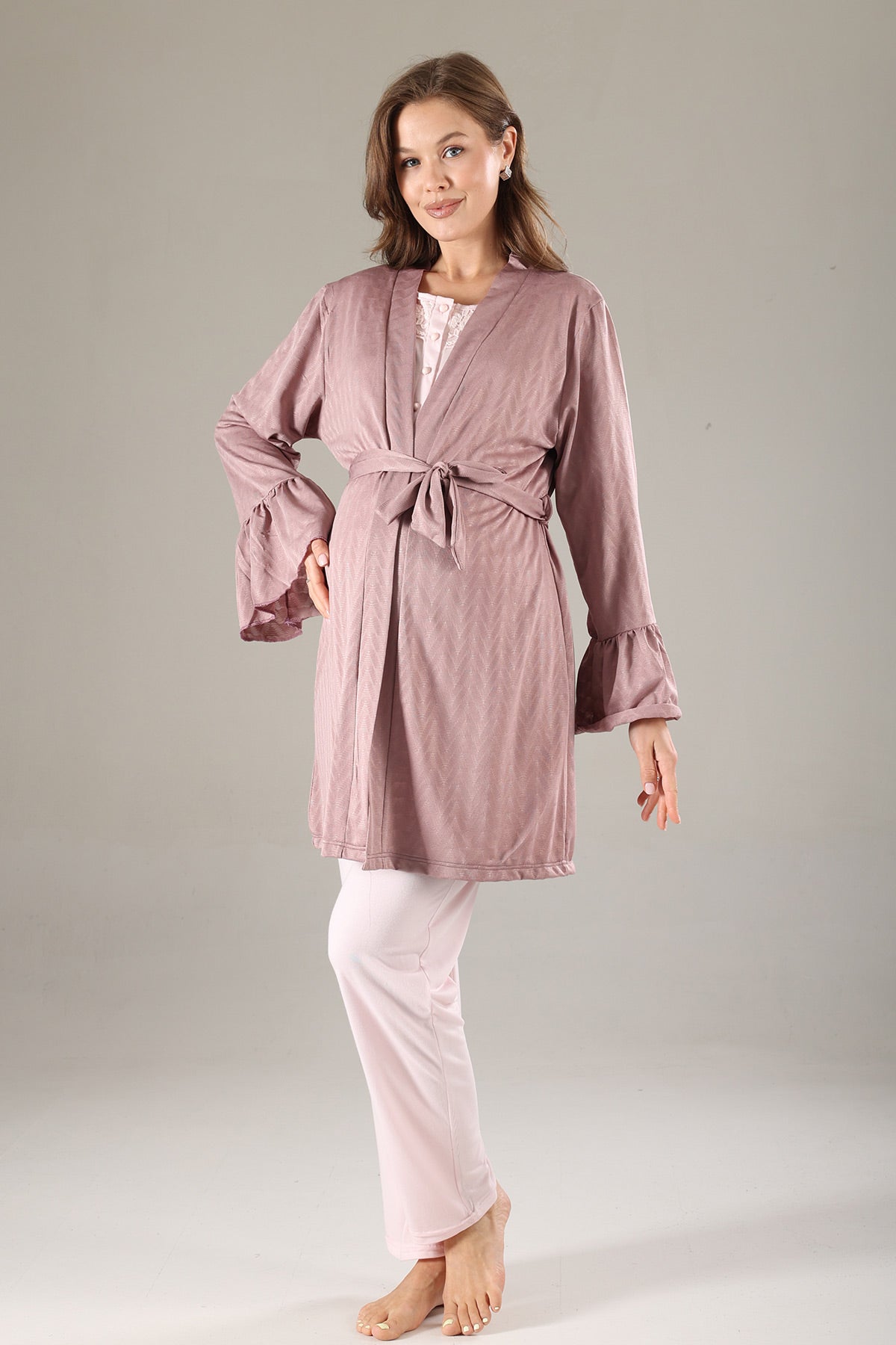 Lace Collar 3-Piece Maternity-Nursing Pajama & Jacquard Robe Set Dried Rose - 817