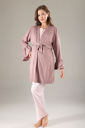 Lace Collar 3-Piece Maternity-Nursing Pajama & Jacquard Robe Set Dried Rose - 817