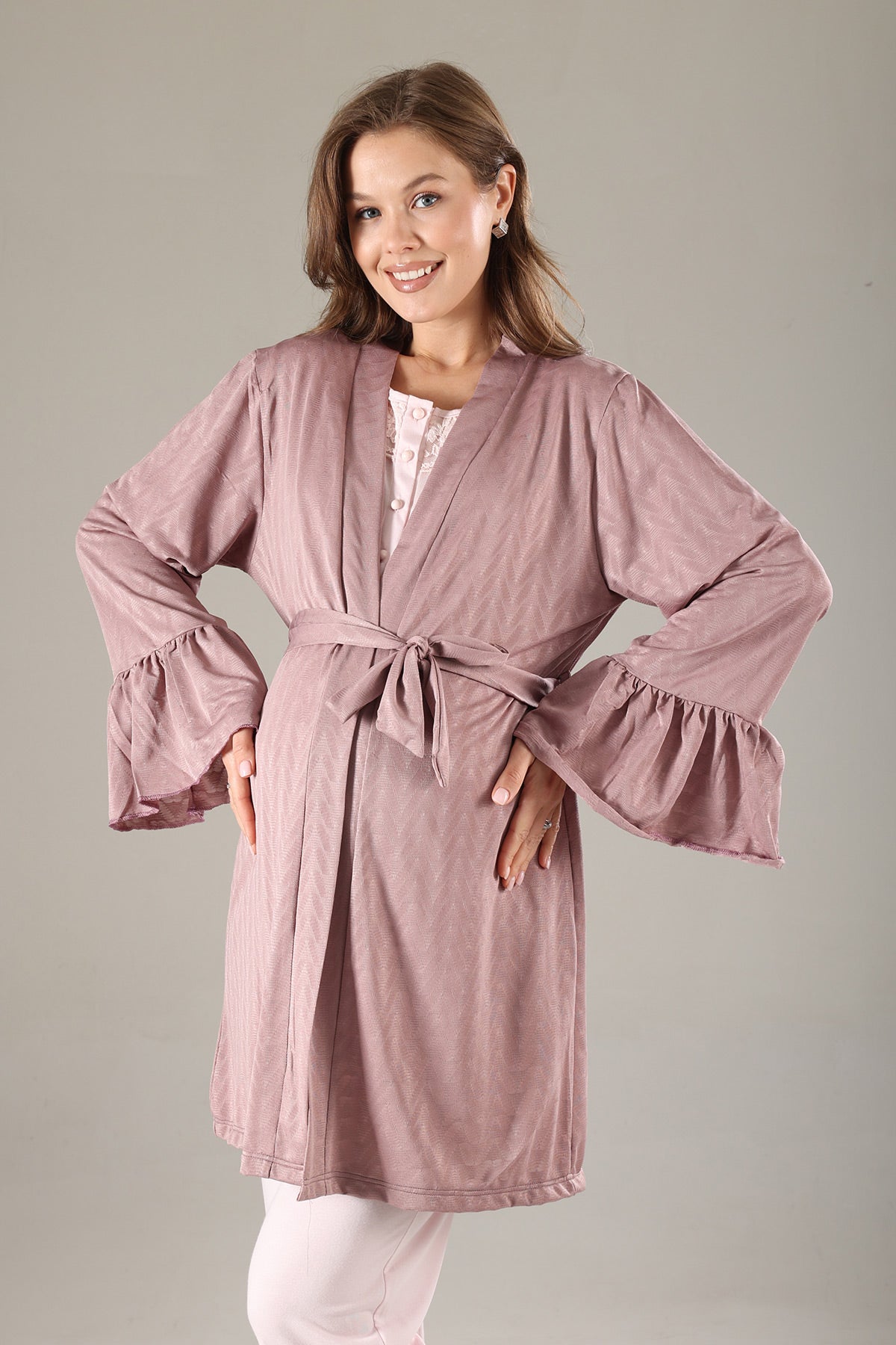 Lace Collar 3-Piece Maternity-Nursing Pajama & Jacquard Robe Set Dried Rose - 817