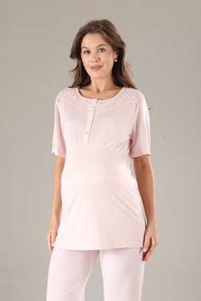 Lace Collar 3-Piece Maternity-Nursing Pajama & Jacquard Robe Set Dried Rose - 817