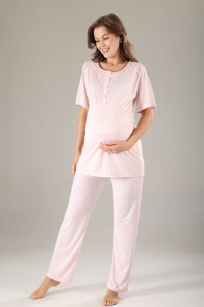 Lace Collar 3-Piece Maternity-Nursing Pajama & Jacquard Robe Set Dried Rose - 817