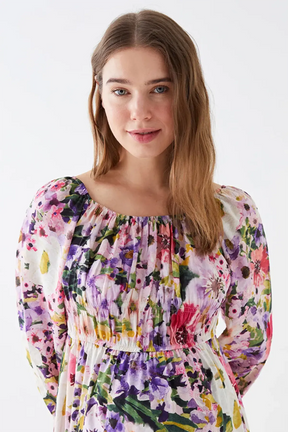 Boat-Neck Flowery Maternity Dress Pink - 8177