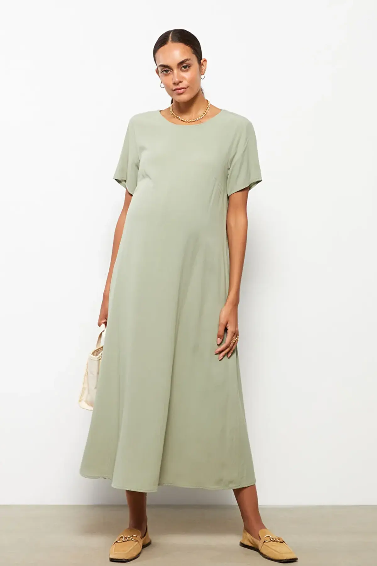 Crewneck Crinkle Maternity Dress Green - 8185