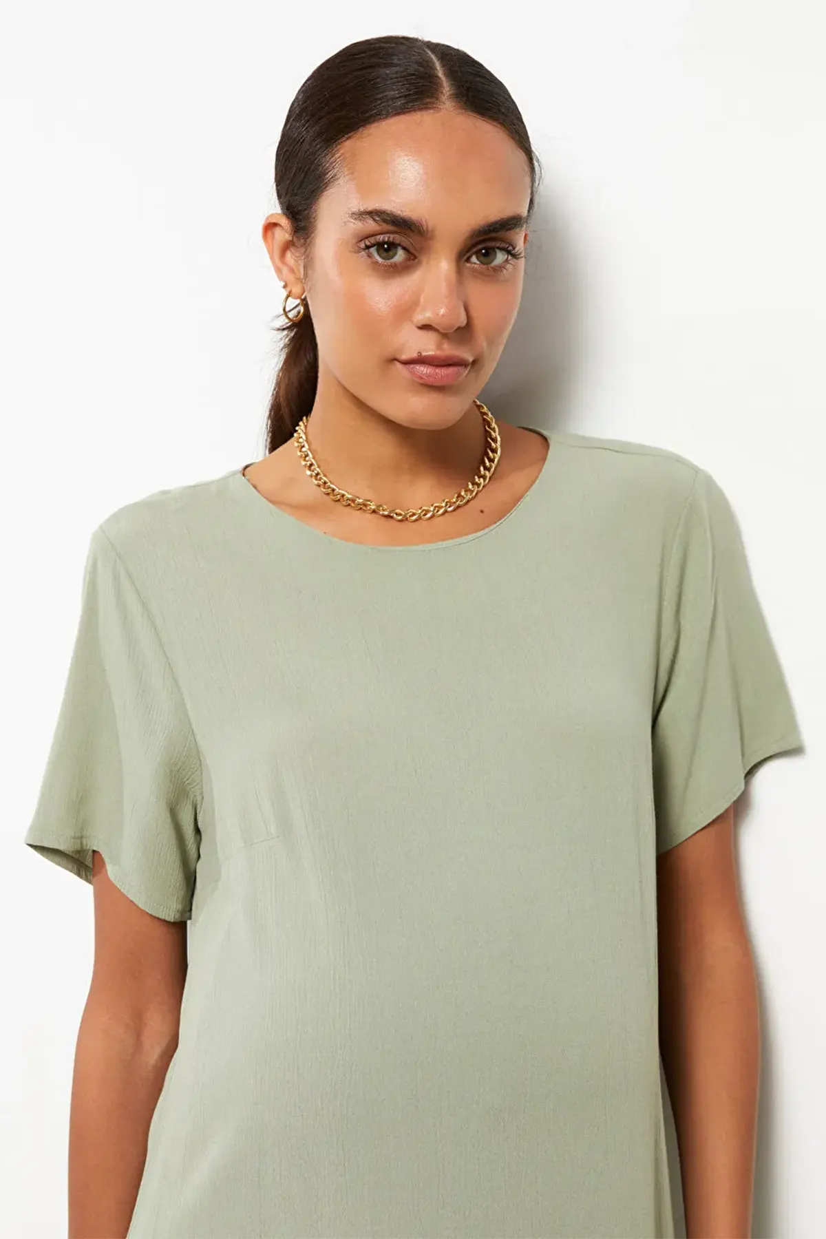 Crewneck Crinkle Maternity Dress Green - 8185