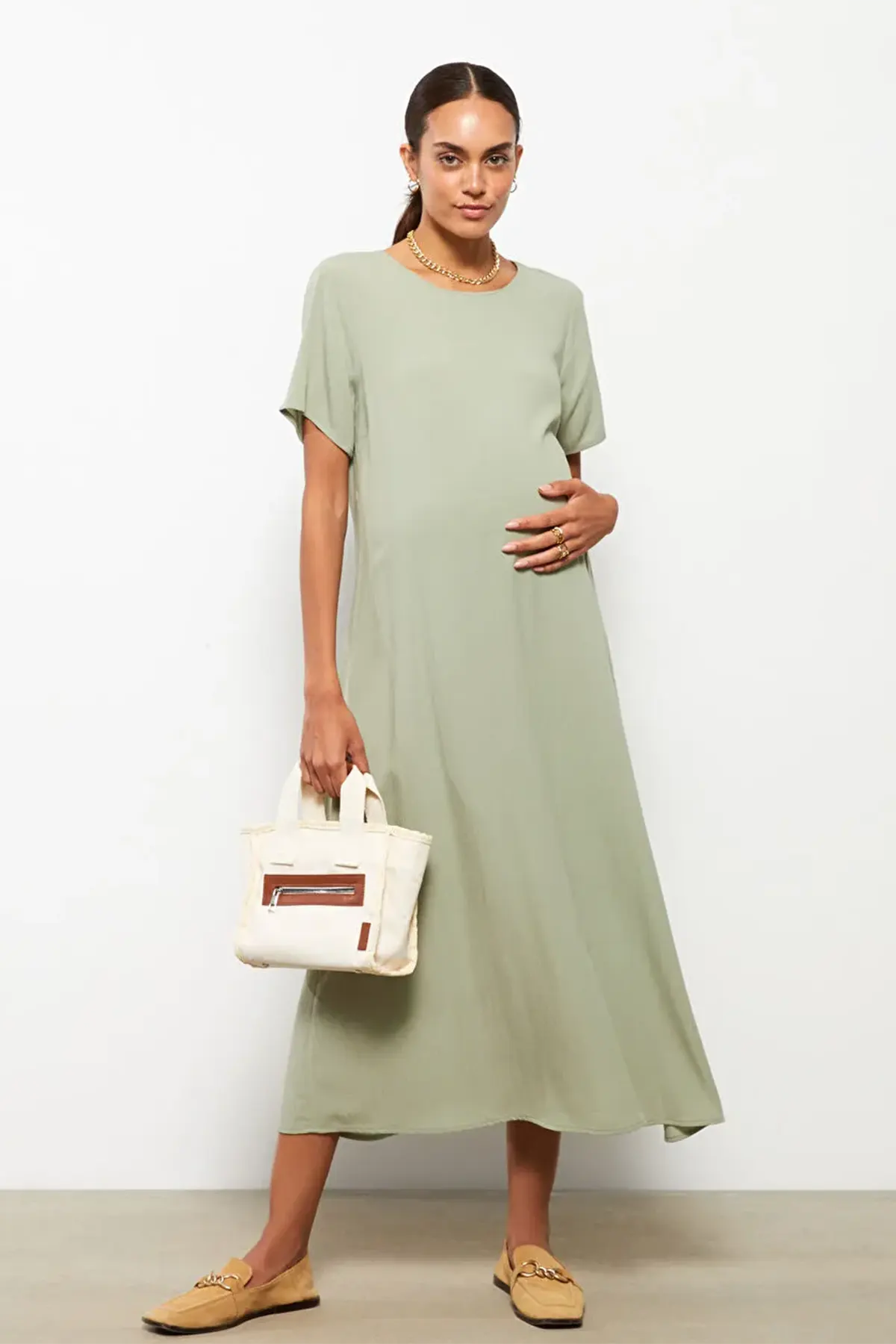 Crewneck Crinkle Maternity Dress Green - 8185