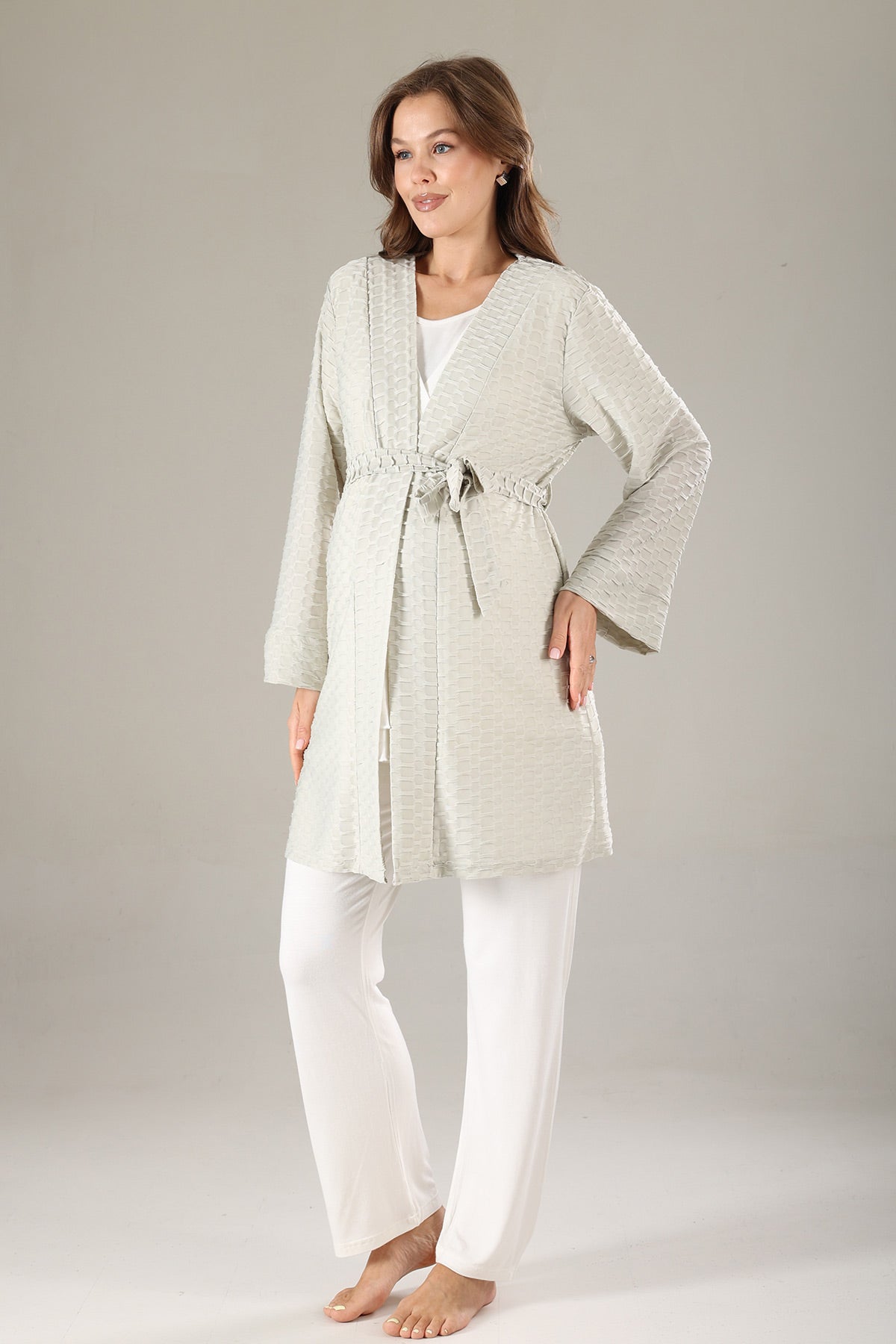 Pleated 3-Piece Maternity-Nursing Pajama & Jacquard Robe Set Green - 819