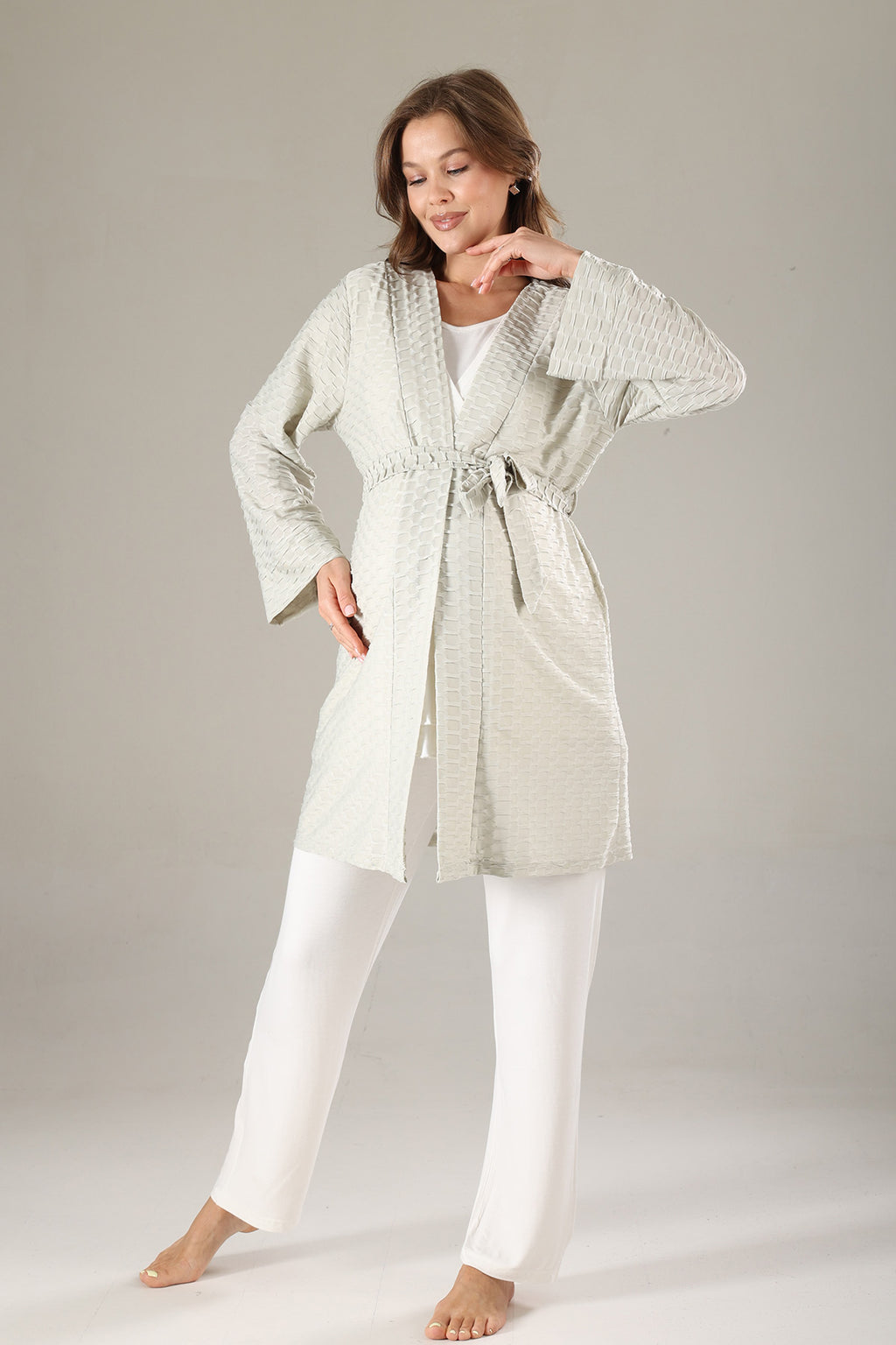 Pleated 3-Piece Maternity-Nursing Pajama & Jacquard Robe Set Green - 819