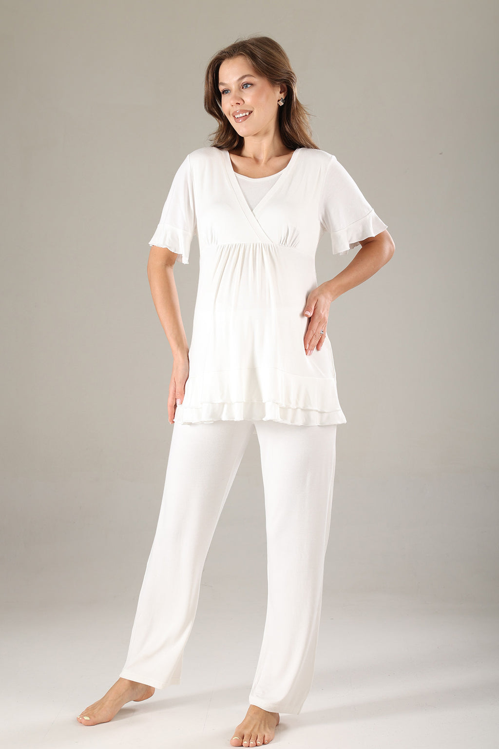 Pleated 3-Piece Maternity-Nursing Pajama & Jacquard Robe Set Green - 819