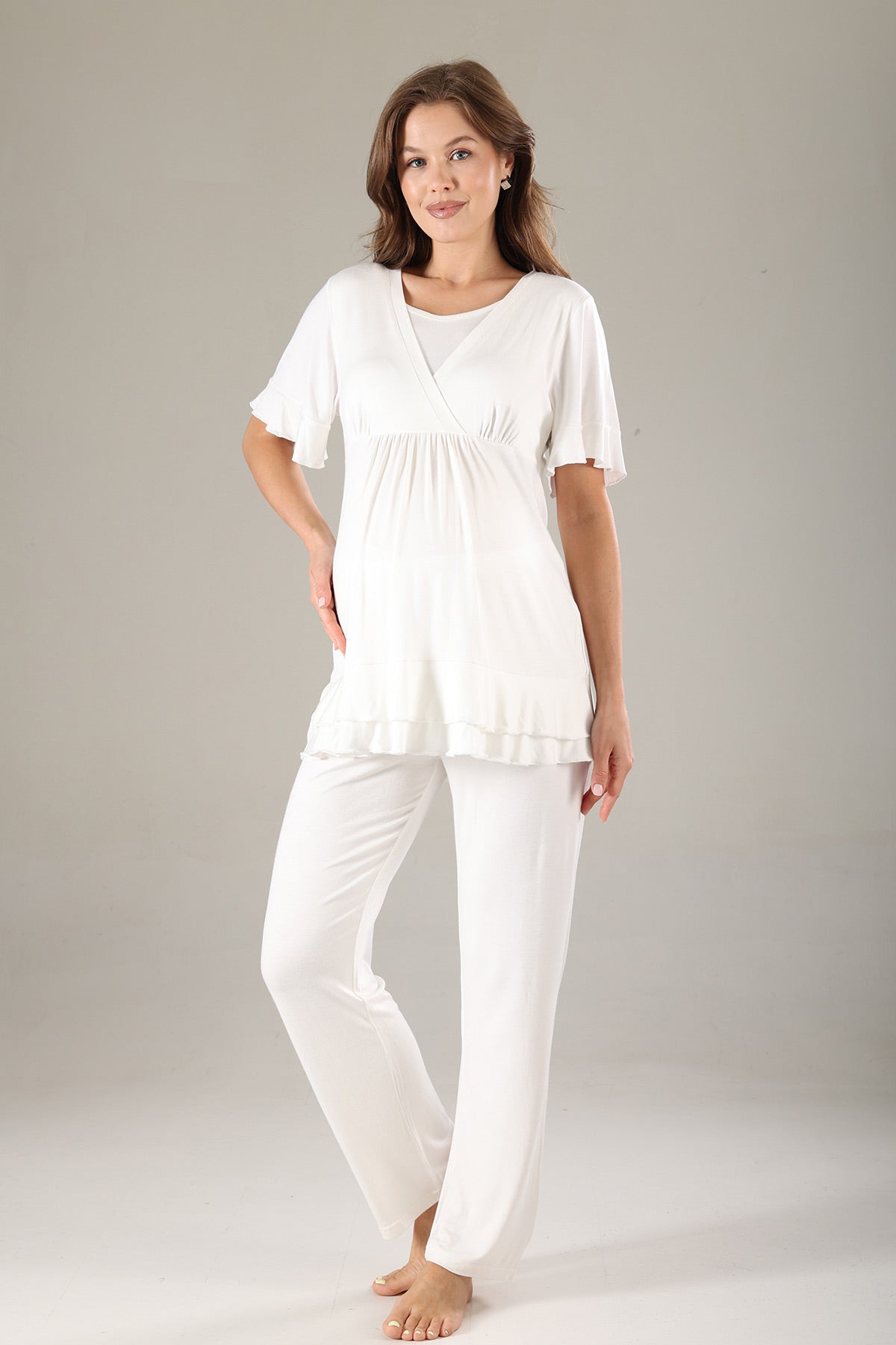 Pleated 3-Piece Maternity-Nursing Pajama & Jacquard Robe Set Green - 819