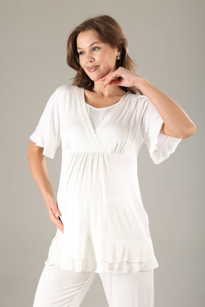 Pleated 3-Piece Maternity-Nursing Pajama & Jacquard Robe Set Green - 819