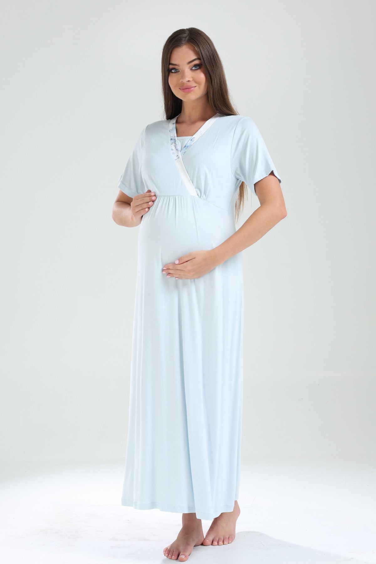 Double Breasted Maternity-Nursing Nightgown & Flowery Robe Set Blue - 820