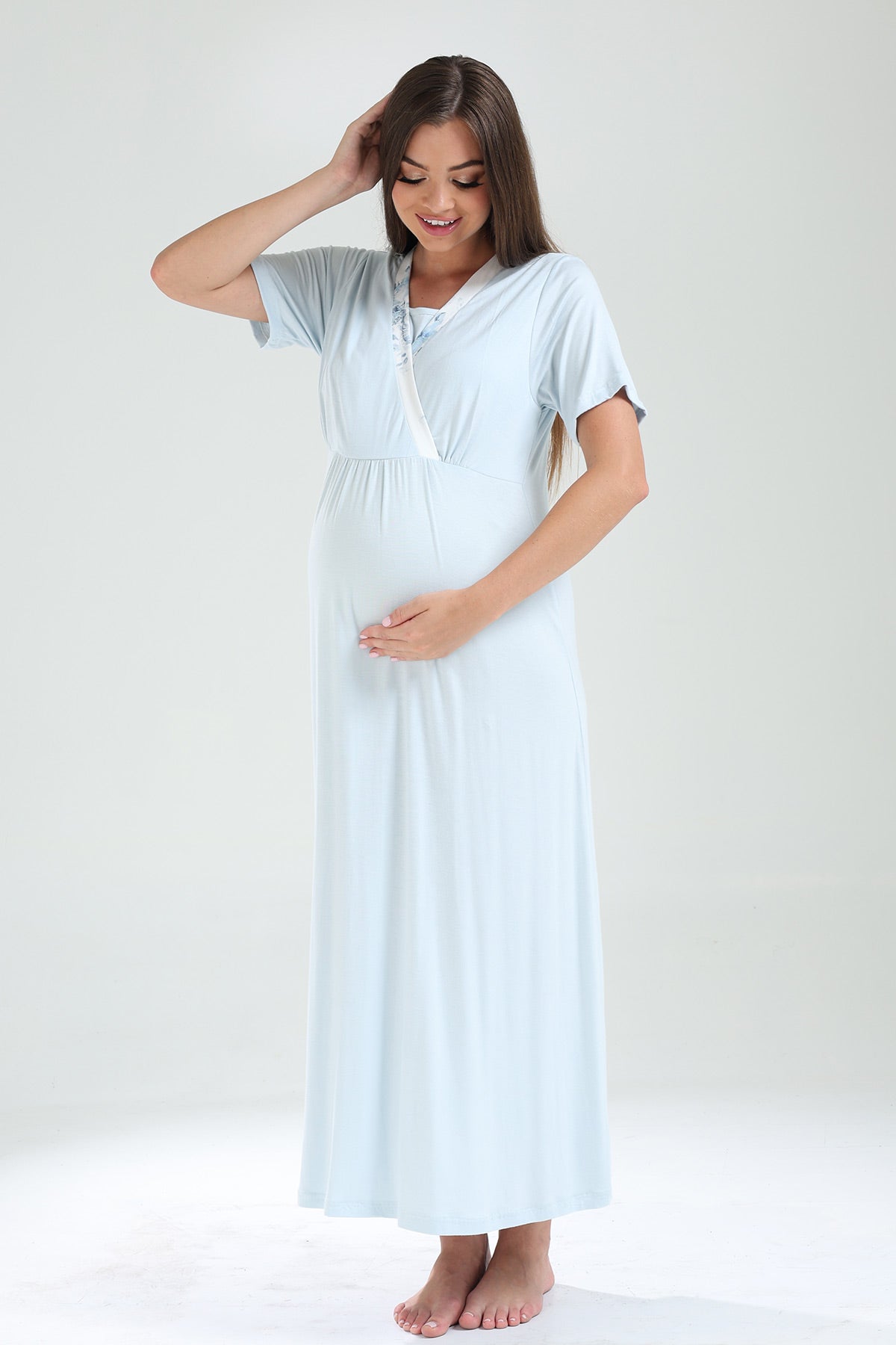 Double Breasted Maternity-Nursing Nightgown & Flowery Robe Set Blue - 820