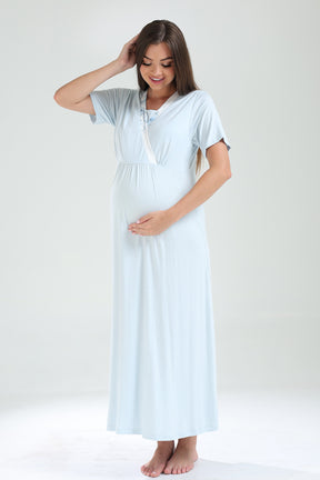 Double Breasted Maternity-Nursing Nightgown & Flowery Robe Set Blue - 820