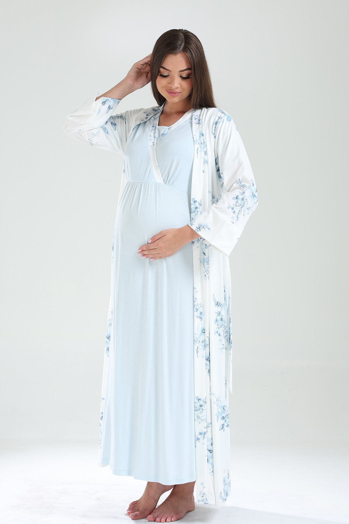 Double Breasted Maternity-Nursing Nightgown & Flowery Robe Set Blue - 820