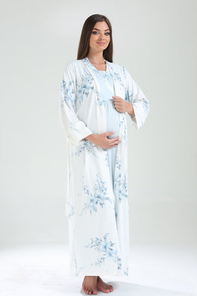 Double Breasted Maternity-Nursing Nightgown & Flowery Robe Set Blue - 820