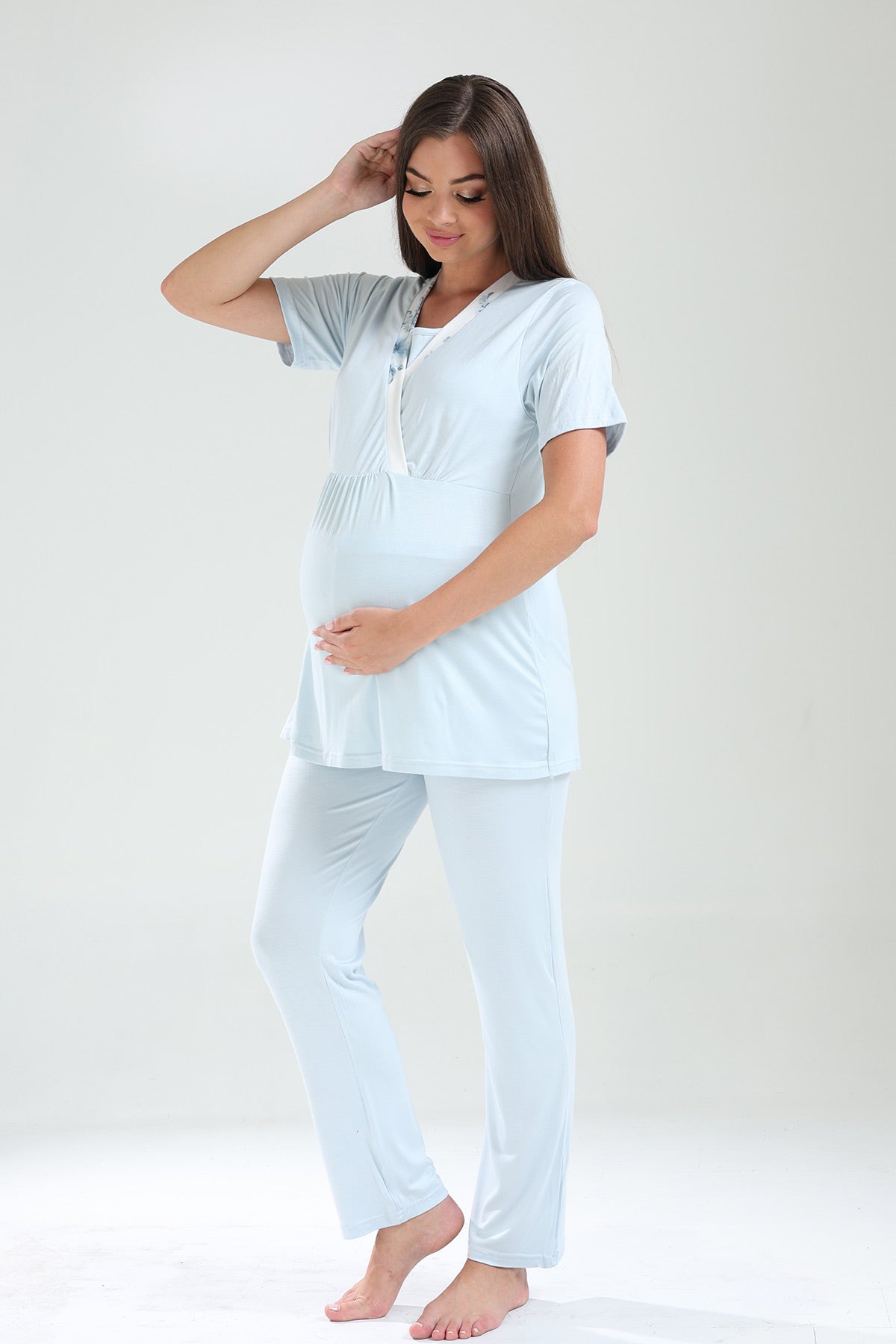 Double Breasted 3-Piece Maternity-Nursing Pajama & Flowery Robe Set Blue - 821
