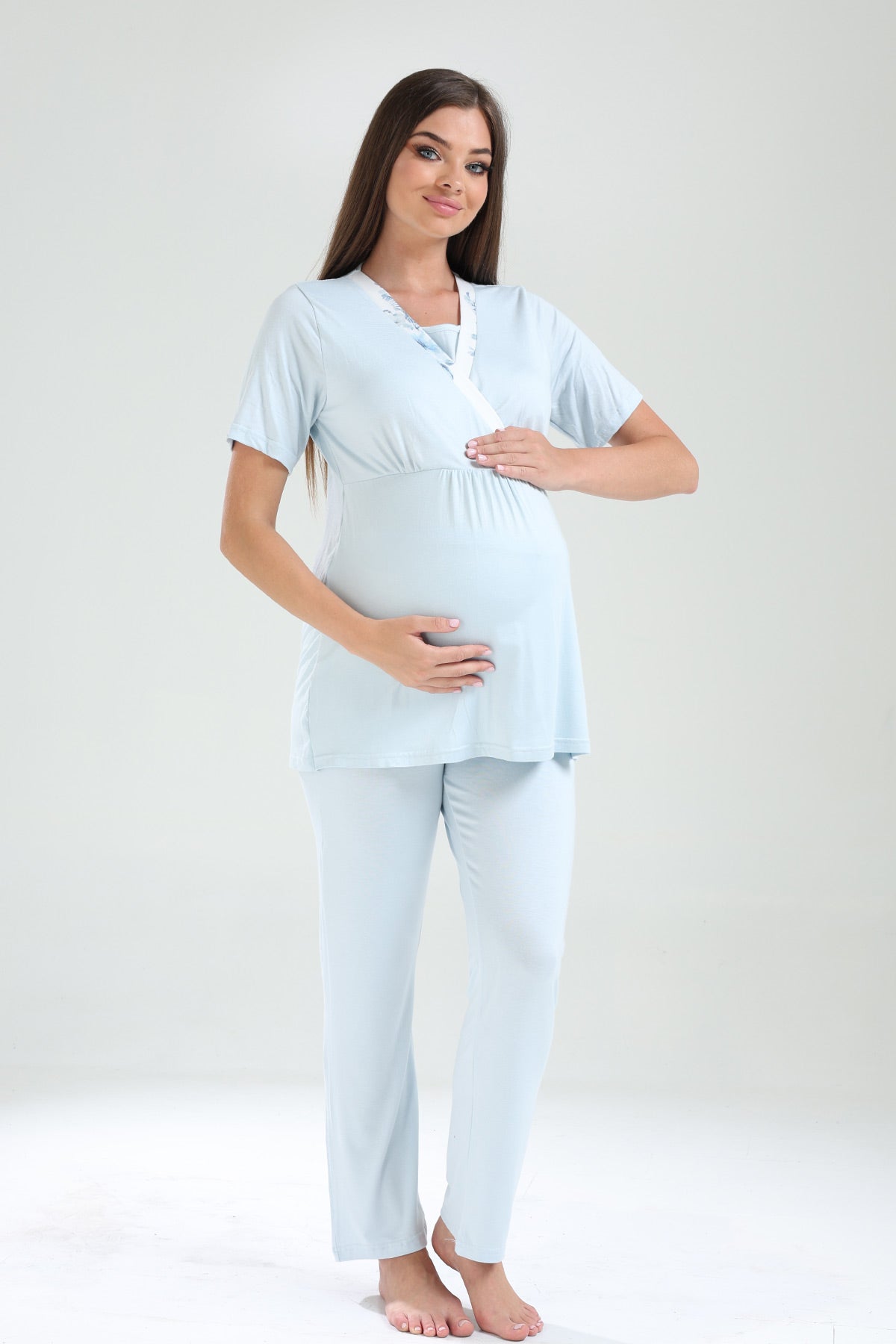 Double Breasted 3-Piece Maternity-Nursing Pajama & Flowery Robe Set Blue - 821