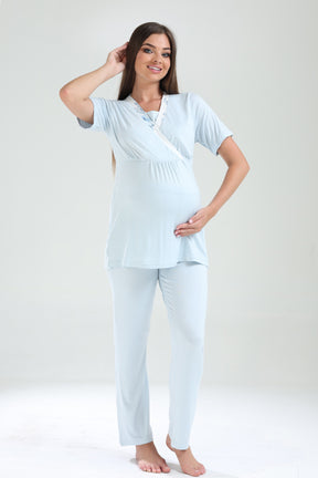 Double Breasted 3-Piece Maternity-Nursing Pajama & Flowery Robe Set Blue - 821