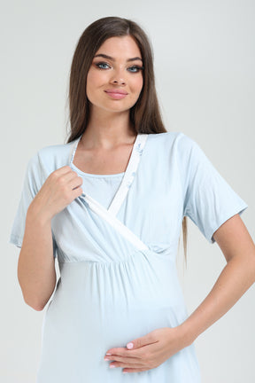 Double Breasted 3-Piece Maternity-Nursing Pajama & Flowery Robe Set Blue - 821