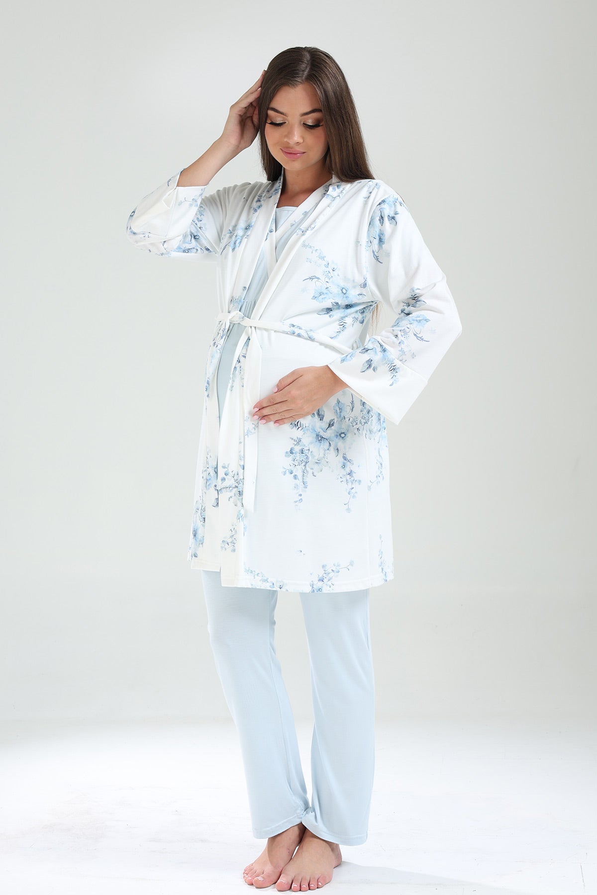 Double Breasted 3-Piece Maternity-Nursing Pajama & Flowery Robe Set Blue - 821