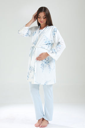 Double Breasted 3-Piece Maternity-Nursing Pajama & Flowery Robe Set Blue - 821