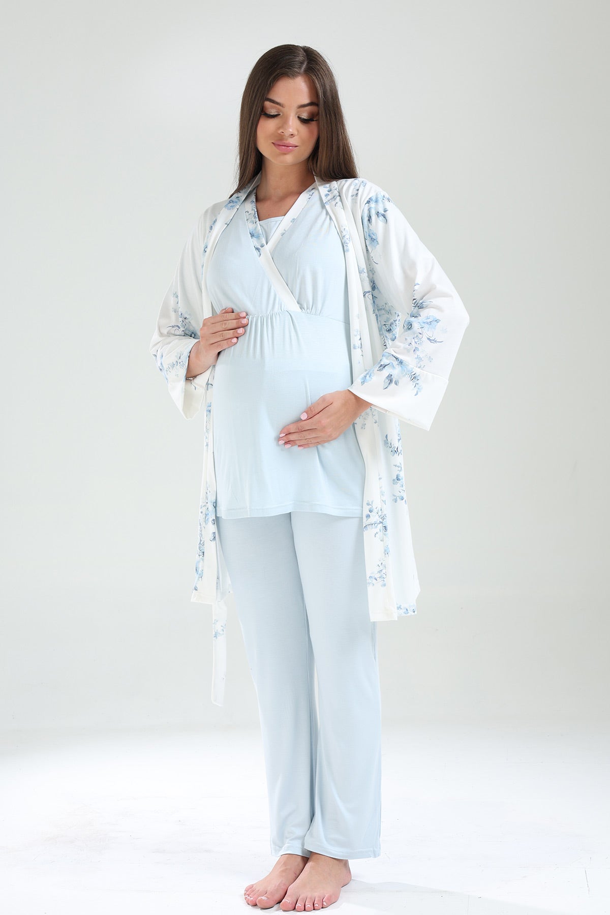 Double Breasted 3-Piece Maternity-Nursing Pajama & Flowery Robe Set Blue - 821