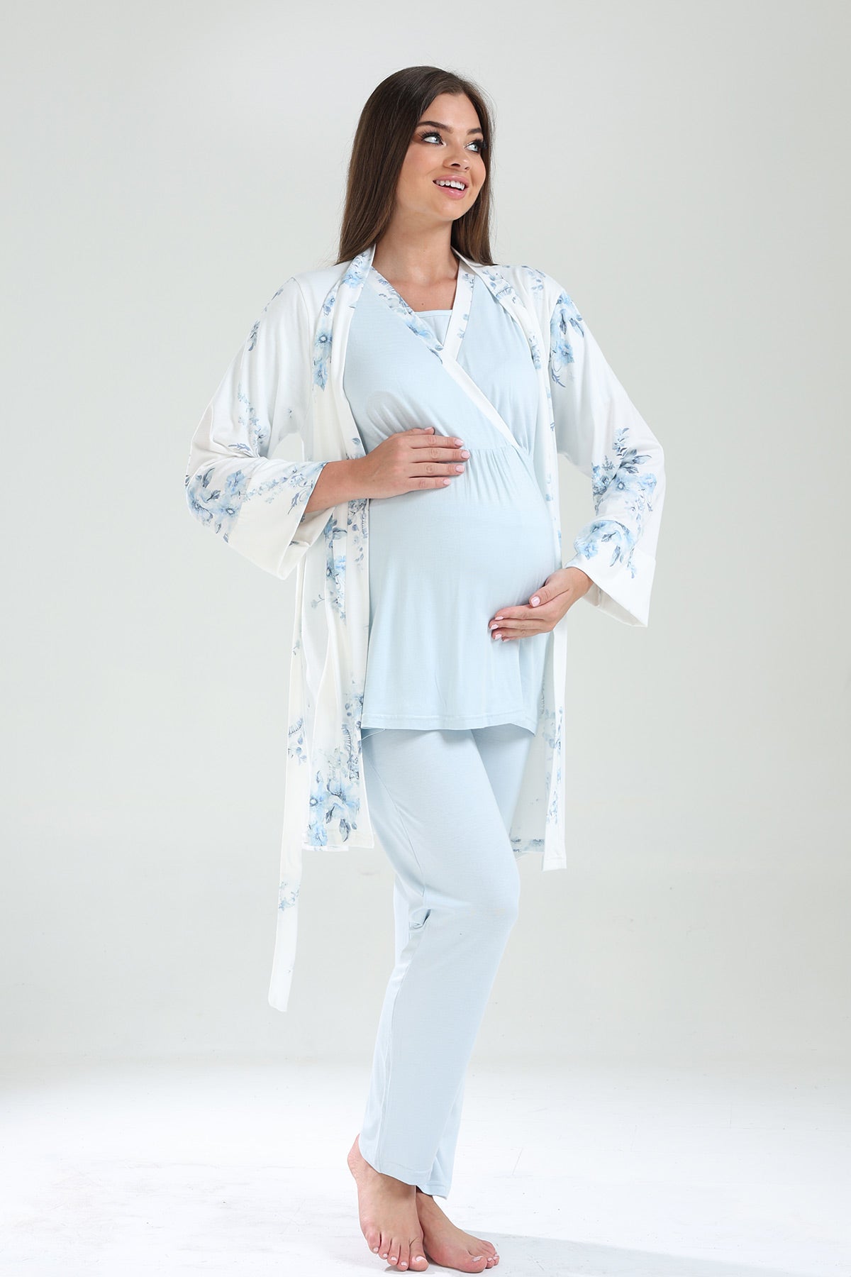 Double Breasted 3-Piece Maternity-Nursing Pajama & Flowery Robe Set Blue - 821