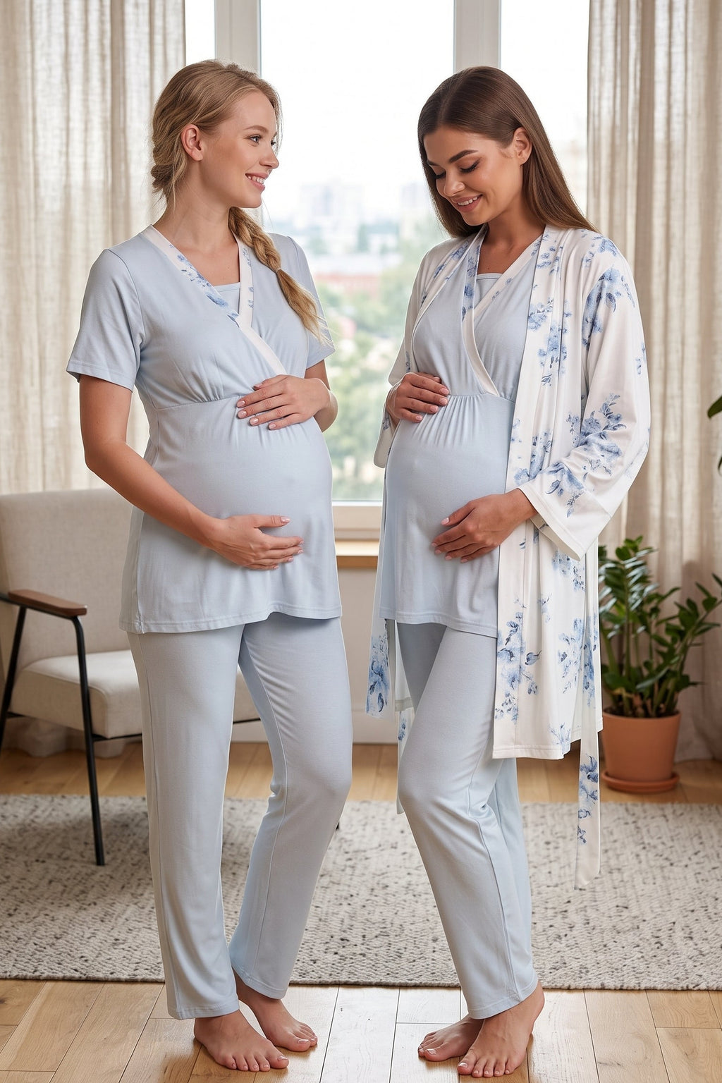 Double Breasted 3-Piece Maternity Feeding-Friendly Pajama & Flowery Robe Set Blue - L821
