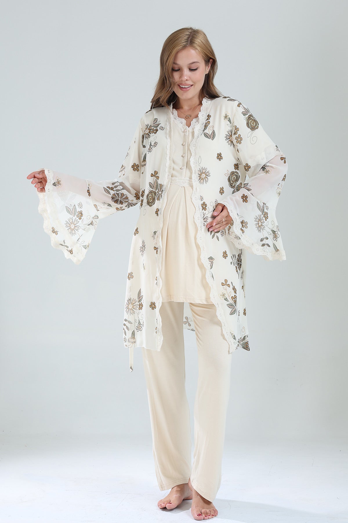Lacy V-Neck 3-Piece Maternity-Nursing Pajama & Lacy Chiffon Robe Set Beige - 822