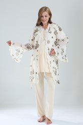 Lacy V-Neck 3-Piece Maternity-Nursing Pajama & Lacy Chiffon Robe Set Beige - 822