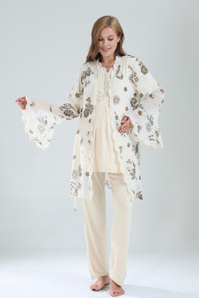 Lacy V-Neck 3-Piece Maternity-Nursing Pajama & Lacy Chiffon Robe Set Beige - 822
