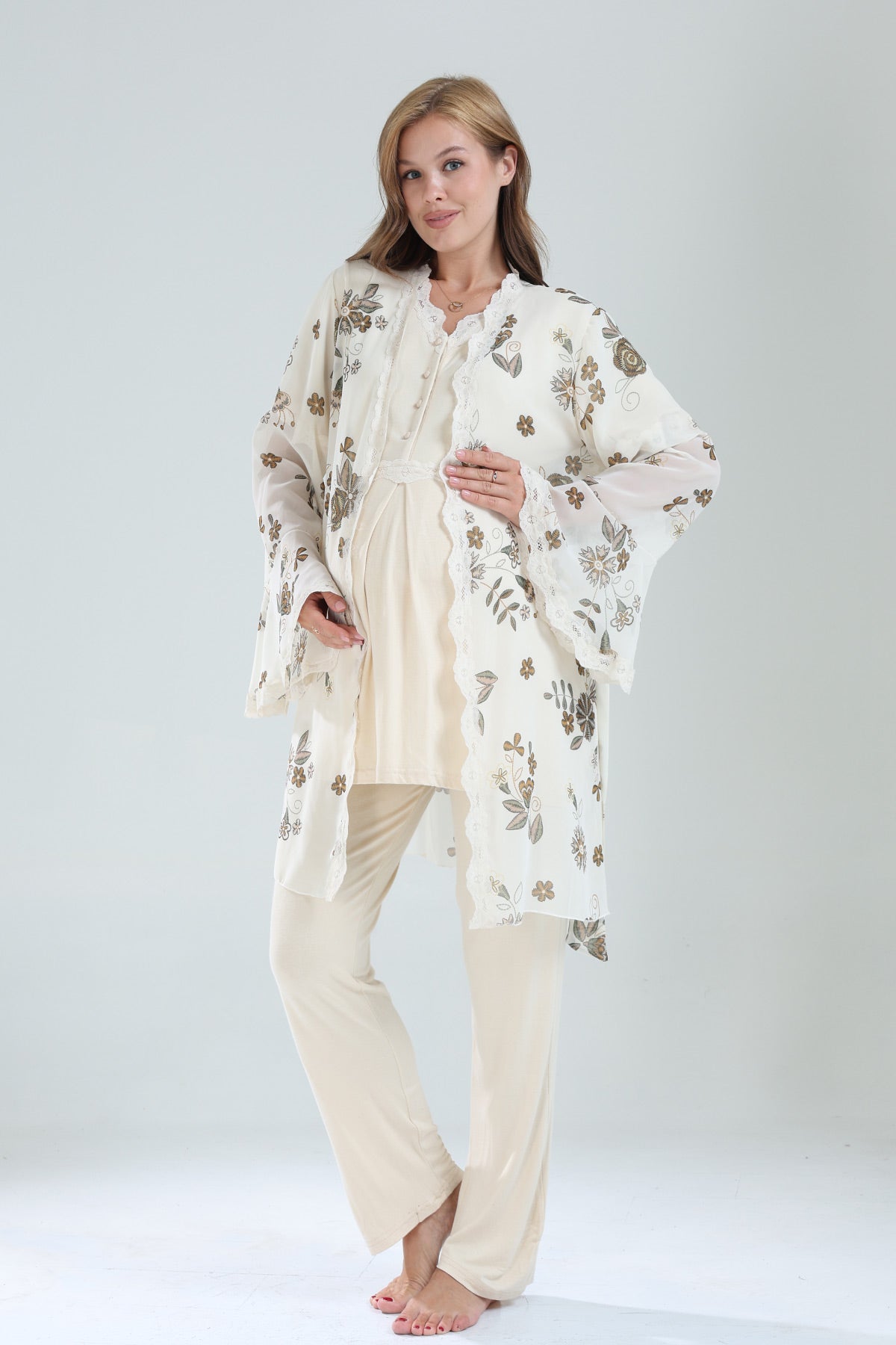 Lacy V-Neck 3-Piece Maternity-Nursing Pajama & Lacy Chiffon Robe Set Beige - 822