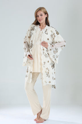 Lacy V-Neck 3-Piece Maternity-Nursing Pajama & Lacy Chiffon Robe Set Beige - 822